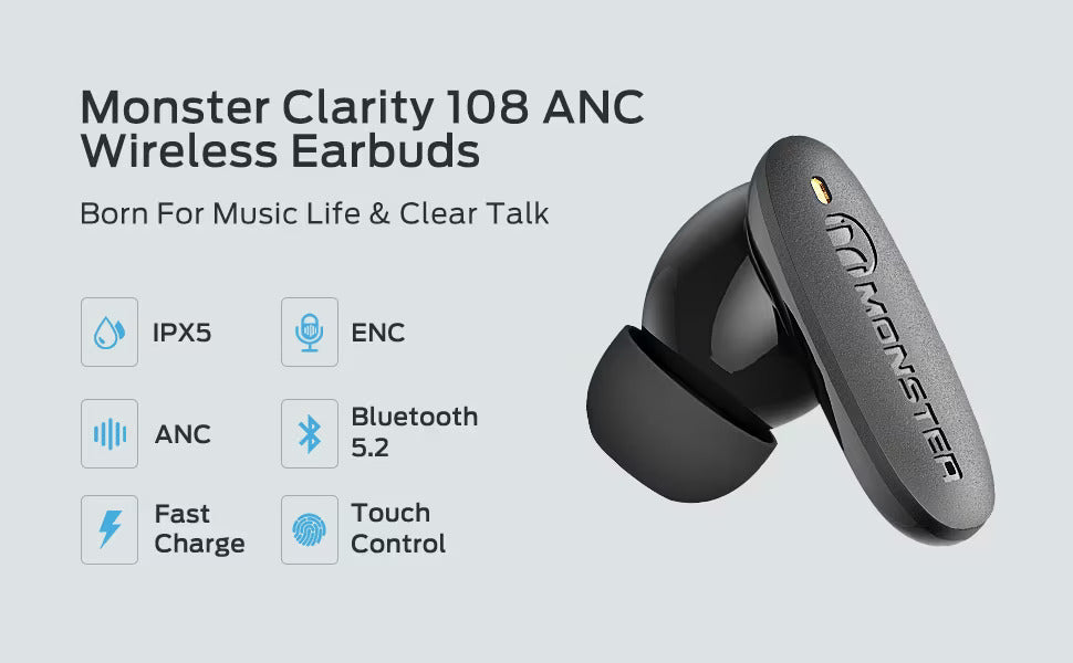 Monster Clarity 108 ANC Active Noise Cancelling Earbuds Bluetooth 5.2 ANC Wireless Earphones with 4 Built-in Microphones, 30H Long Playtime Deep Bass